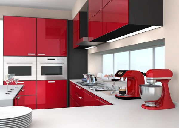 Moderne keuken interieur met stijlvolle koffie-/ theevoorzieningen, voedsel mixer. Rode kleurenthema. — Stockfoto
