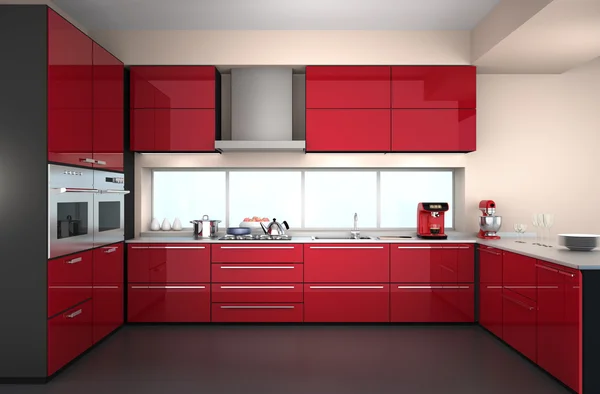 Intérieur de cuisine moderne avec cafetière élégante, mélangeur alimentaire. Thème de couleur rouge . — Photo