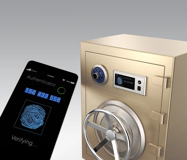 Aplikasi otentikasi telepon pintar membuka brankas logam emas. Lokasi pemotongan tersedia . — Stok Foto