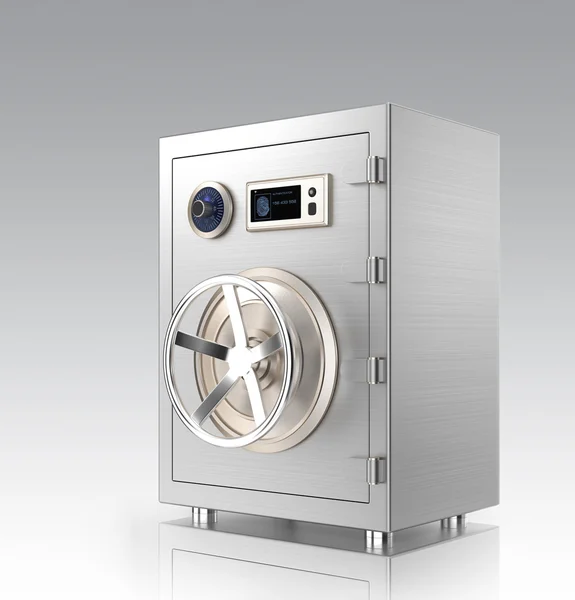 Closed metal safe with touch screen isolated on gray background. This smart metal safe  support authentication from smart phone by wireless connection. — Stock Photo, Image