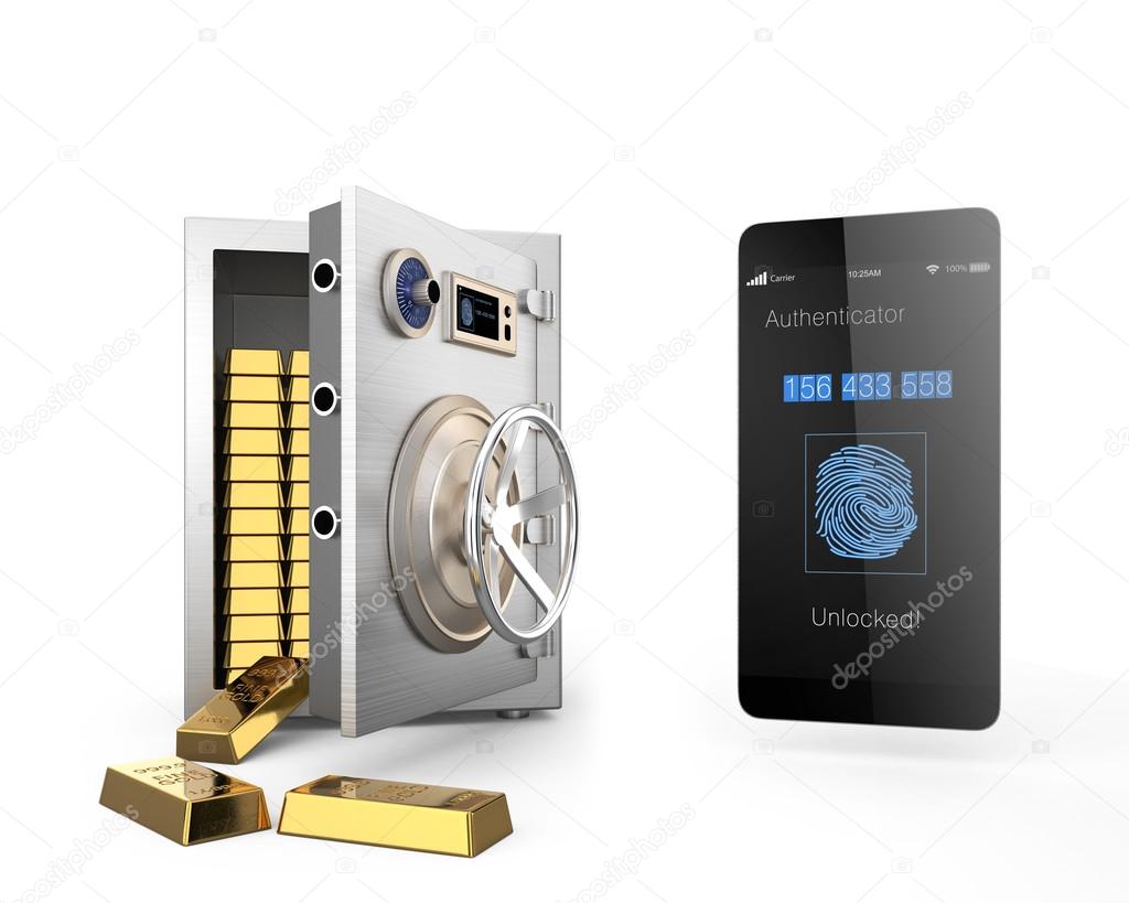 Smart phone authentication app unlocked metal safe and many gold bars in the safe. Clipping path available.