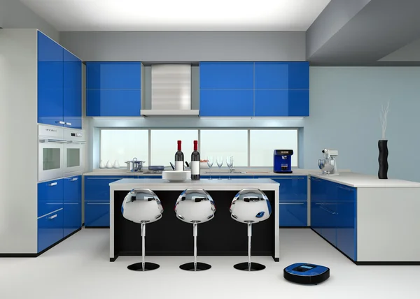 Aspiradora robótica en un interior de cocina moderno —  Fotos de Stock