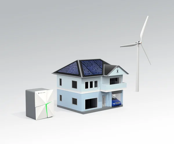 Stationaire batterij systeem en huis. Concept voor huis energie opslagoplossing — Stockfoto