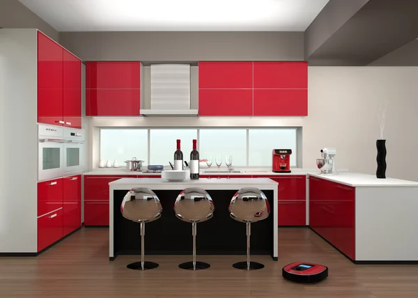 Aspirapolvere robotico in un moderno interno della cucina — Foto Stock