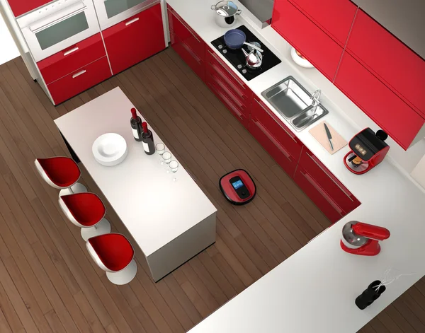Aspirador robótico em um interior de cozinha moderna — Fotografia de Stock