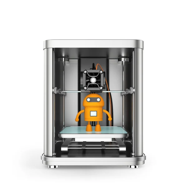 3D printer and toy yellow robot inside. Clipping path available. — Stock Photo, Image