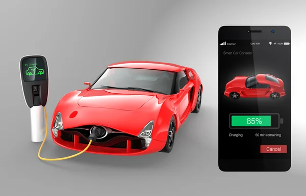 Toezicht op de elektrische auto staat opladen door slimme telefoon app — Stockfoto