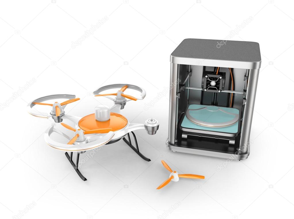 3D printer printing parts of drone. Clipping path available.