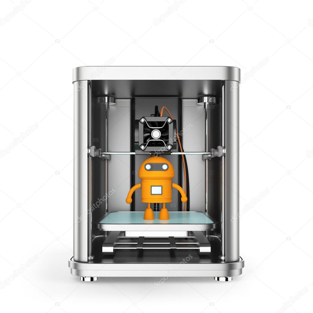 3D printer and toy yellow robot inside. Clipping path available.