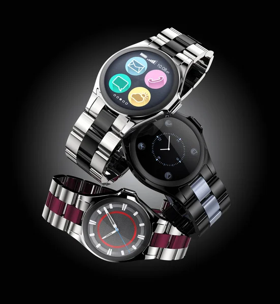 Montres intelligentes avec bande métallique isolée sur fond noir . — Photo