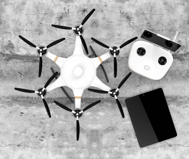 Hexacopter, uzaktan kumanda ve tablet Pc Üstten Görünüm.