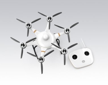 Hexacopter ve Uzaktan kumanda gri arka plan üzerinde izole