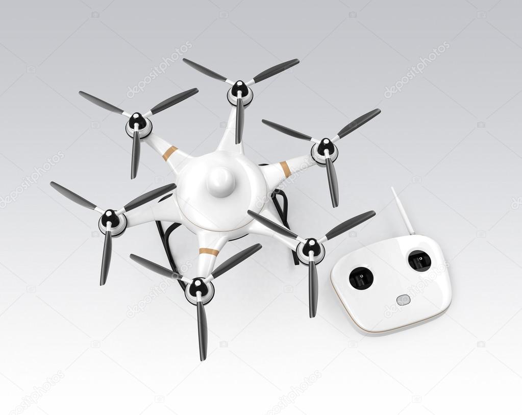 Hexacopter and remote controller isolated on gray background