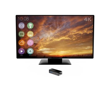 Stick türü bilgisayar ve beyaz arka plan üzerinde izole 4 k televizyon