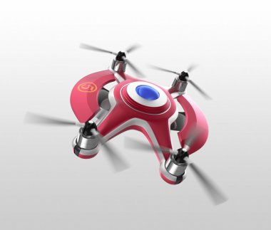 Red drone, a quadrocopter for racing on gray background