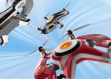 Red racing drones chasing in the sky. Original design.