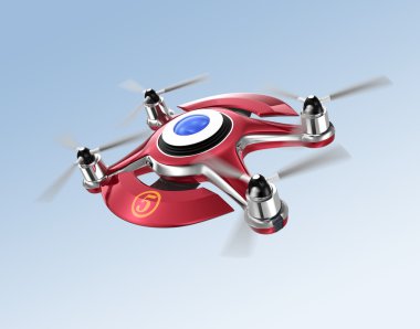 Red racing drone  flying in the blue sky. 3D rendering image in original design.