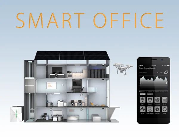 Smart Office und Smartphone isoliert auf blauem Hintergrund (mit Text)) — Stockfoto