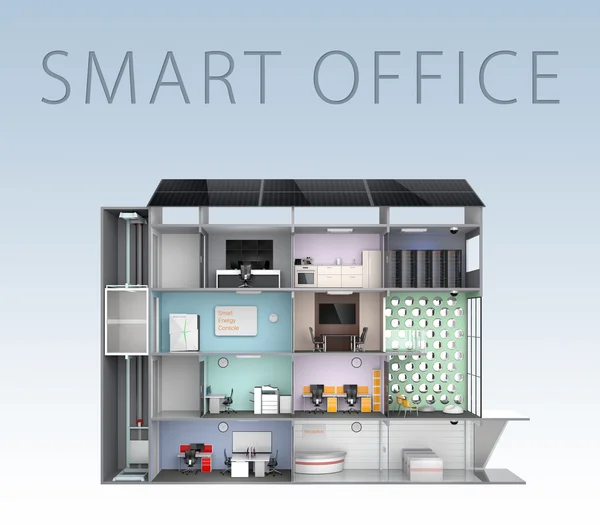Smartkontorbygg-konsept for energieffektive apparater. (med tekst ) – stockfoto