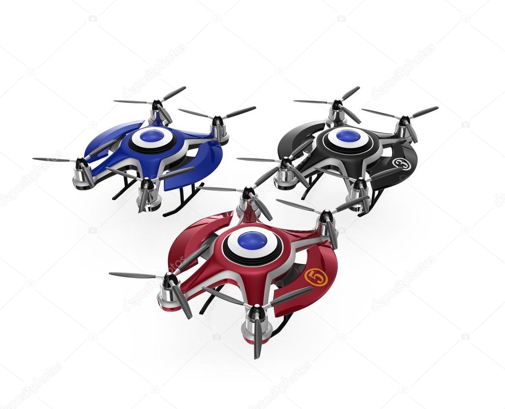 Three color drones, quadrocopters  for racing on the ground.
