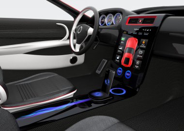 Fütüristik elektrikli araç kontrol paneli ve iç tasarım. 3D işleme görüntü kırpma yoluyla.