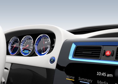 Fütüristik elektrikli araç kontrol paneli ve iç tasarım