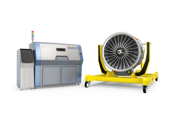 Metall-3D-Drucker und Jet-Fan-Motor auf Triebwerksständer. — Stockfoto