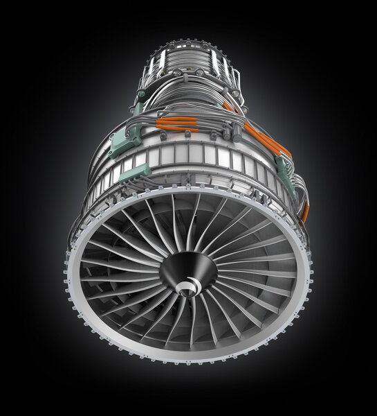 Front view of jet fan engine isolated on black background