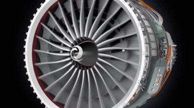 Animasyon turbofan jet motorunun siyah arka plan üzerine