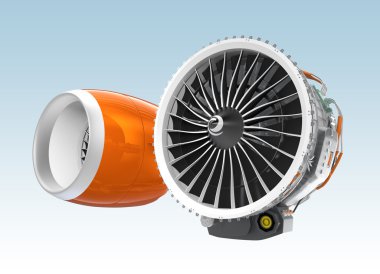 İki Jet turbofan motorları üzerinde mavi arka plan izole.