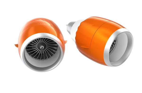 흰색 배경에 고립 된 오렌지 물통 2 개의 제트 터보팬 엔진. — 스톡 사진