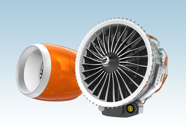 Two Jet turbofan engines isolated on blue background.