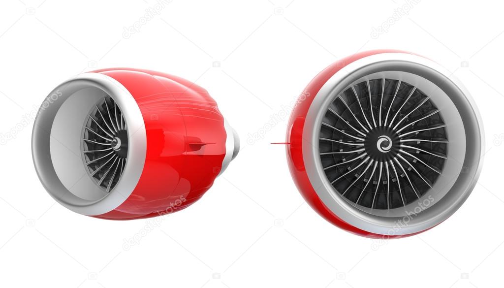 Two Jet turbofan engines with red cowl isolated on white background