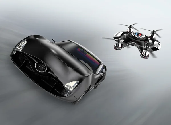 Polícia drone perseguindo carro preto para velocidade mais . — Fotografia de Stock