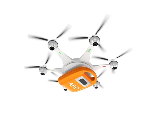 Ambulance drone delivers AED kit isolated on white background. — Stock Photo, Image