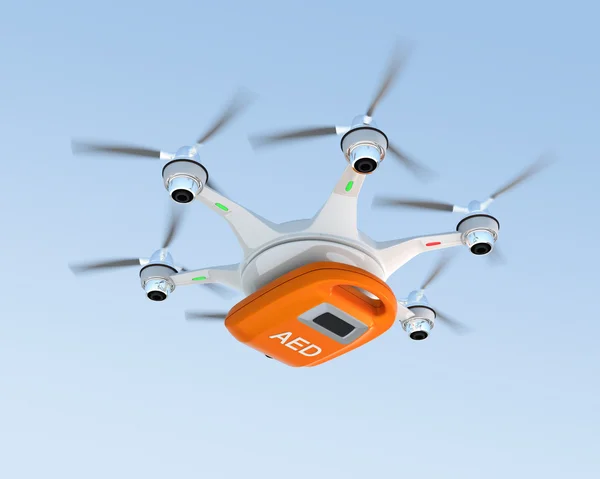 Ambulance drone delivers AED kit for emergency medical care concept. — Stock Photo, Image