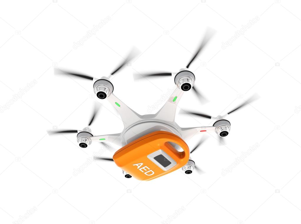 Ambulance drone delivers AED kit isolated on white background.