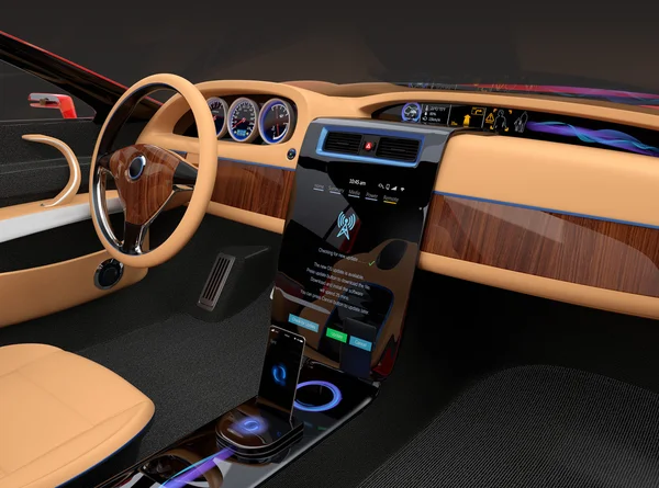 Stylish electric car interior with luxury wood pattern decoration. — Stock Photo, Image