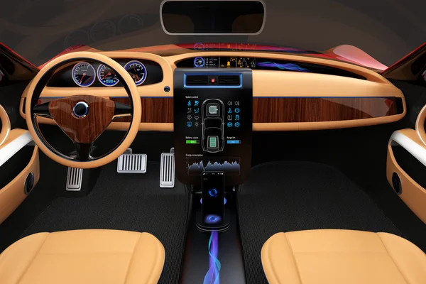 Élégant intérieur de voiture électrique avec décoration en bois de luxe . — Photo