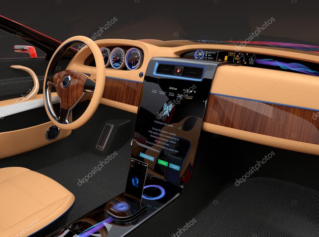 Stilvolle Elektroauto Innenraum mit Luxus Holzmuster Dekoration ... Stilvolle Elektroauto Innenraum mit Luxus Holzmuster Dekoration ...