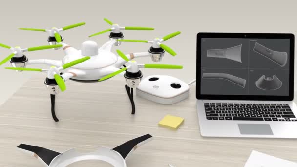 3D-skrivare, laptop, tablet Pc och drone på ett bord, koncept för ny teknik för Diy. — Stockvideo