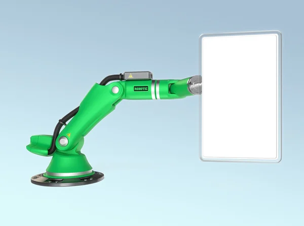 Green robotic arm holding a blank sign board — Stock Photo, Image