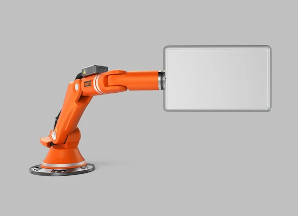 Braço robótico laranja segurando uma placa de sinal em branco — Fotografia de Stock