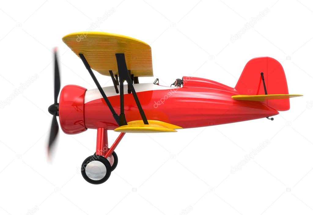Side view of red and yellow biplane isolated on white background