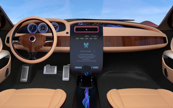 वाहन सॉफ्टवेअर अद्यतनित करा फक्त कारच्या सेंटर कन्सोल स्क्रीनवर टच करा — स्टॉक फोटो, इमेज