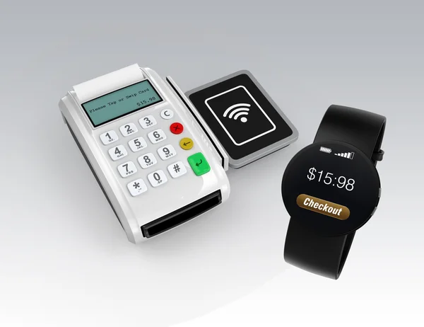 Menggunakan jam tangan pintar untuk memproses pembayaran . — Stok Foto