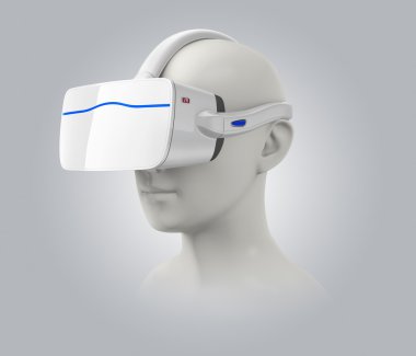 izole gri arka plan üzerinde beyaz Vr kulaklık giyen 3d insan kafası.