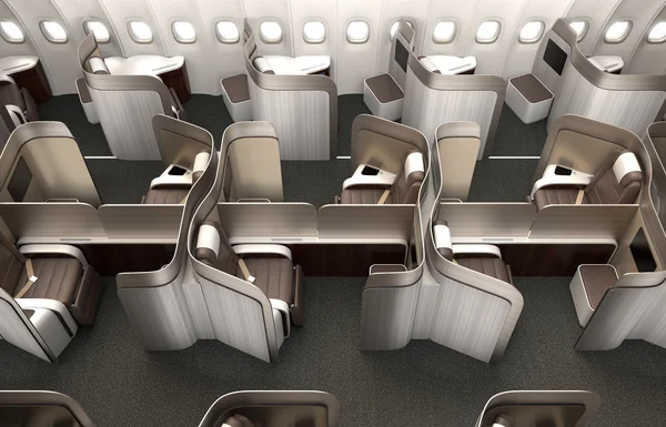 Luxuriöses Kabineninterieur der Business Class mit metallischer Goldtrennung. — Stockfoto