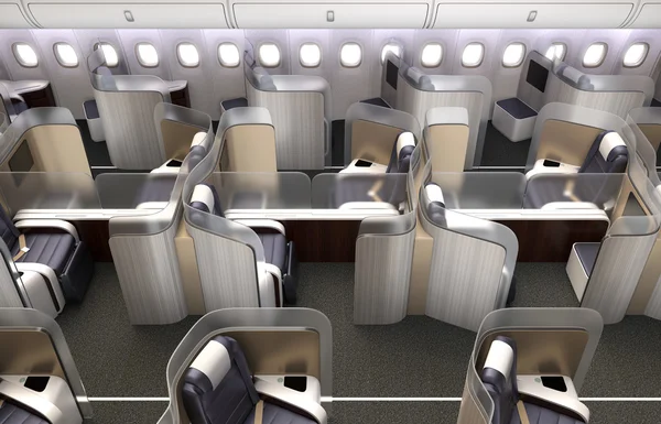 Lussuoso interno cabina business class. Ogni sedile diviso per partizione acrilica smerigliata . — Foto Stock