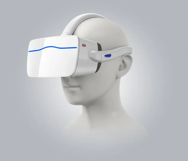 3D lidská hlava na sobě bílé Vr sluchátka izolovaných na šedém pozadí. — Stock fotografie